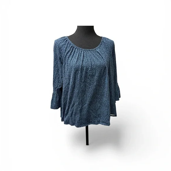 Michael Kors Blue Pebble Print Ruffle Sleeve Blouse Casual Boho Chic Top L - Picture 1 of 9
